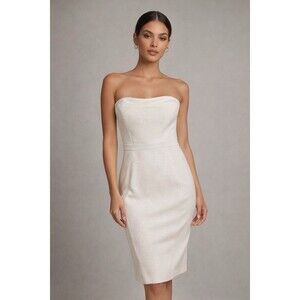 La Pina David Helwani Dress Strapless Ivory Midi Mini Mesh Detailing Cocktail
